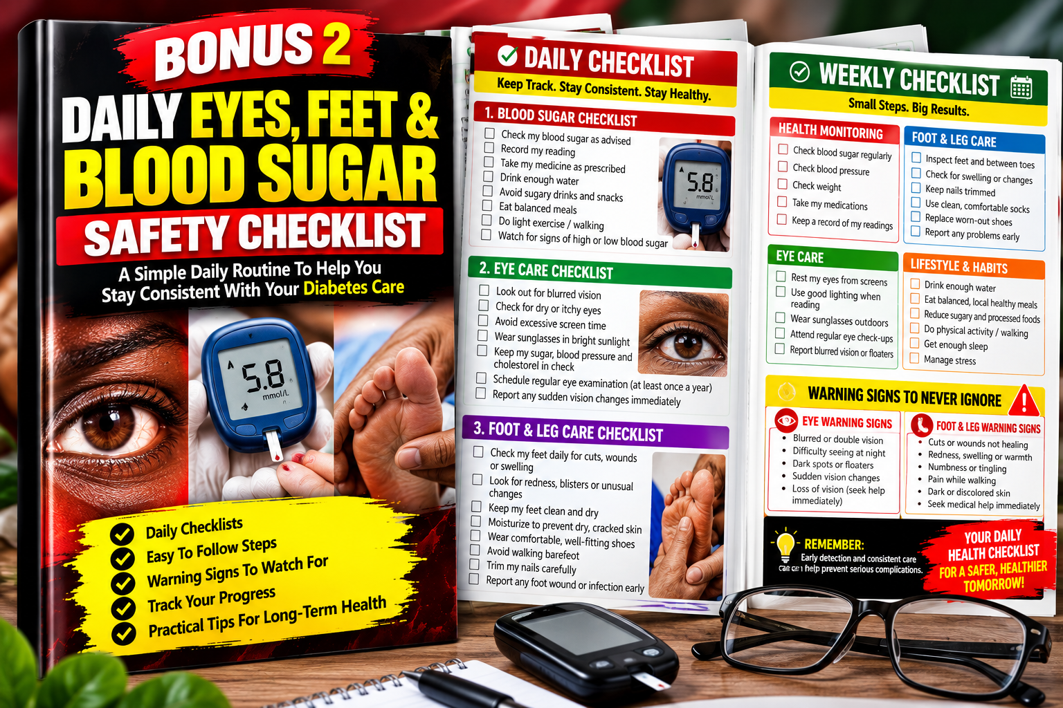 Daily eyes feet and blood sugar safety checklist